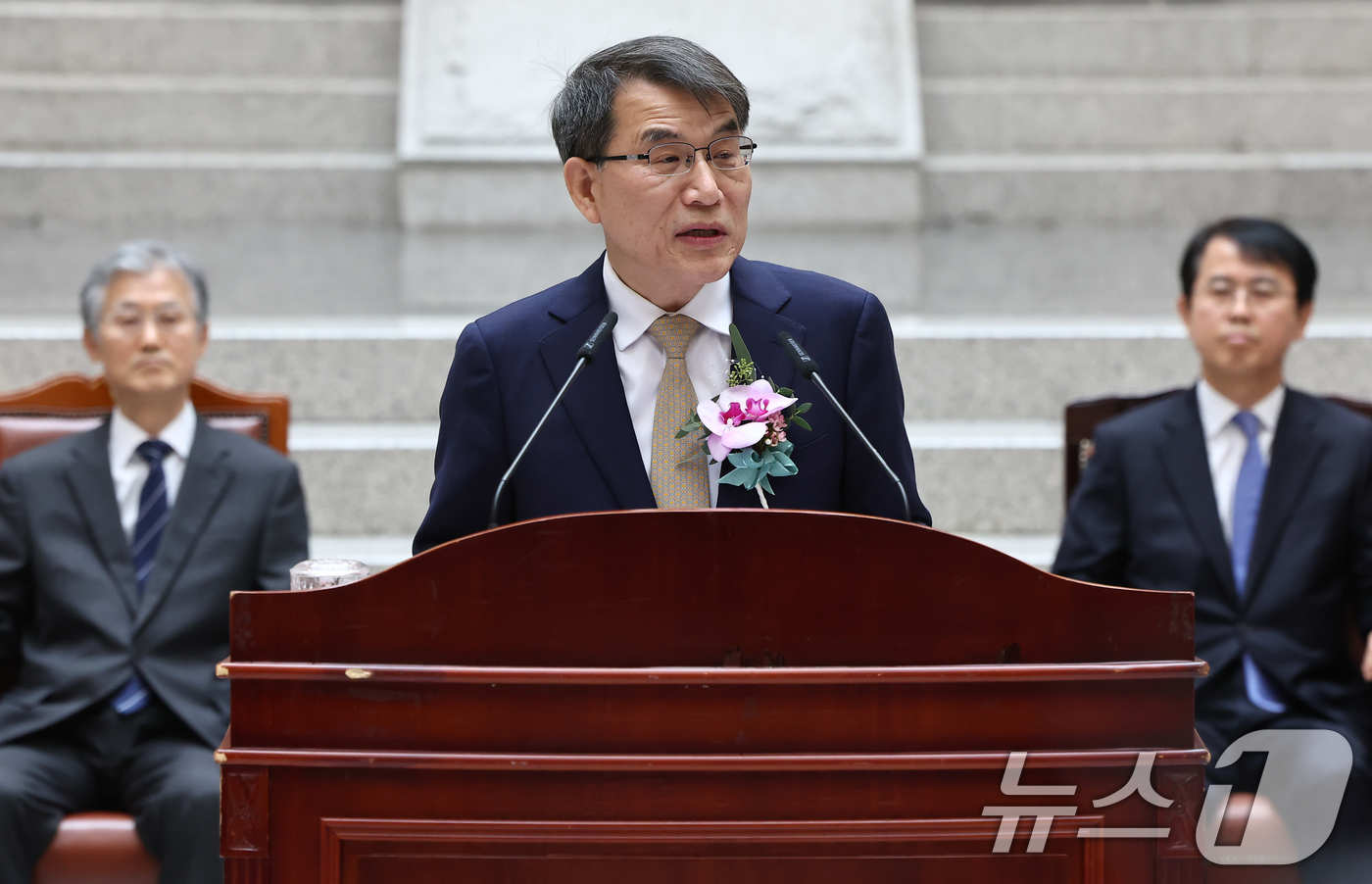 (서울=뉴스1) 김도우 기자 = 노태악 대법관이 3일 서울 서초구 대법원에서 열린 본인의 퇴임식에서 퇴임사를 하고 있다. 2026.3.3/뉴스1