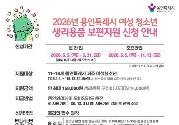 용인시, 11~18세 여성 청소년에 생리용품 지원…연 최대 16만 8000원