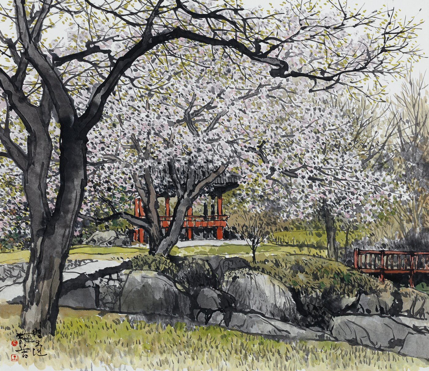 본문 이미지 - 오용길 봄의 기운-용원정 46x53cm 화선지에 먹과 채색 2026년작-5182 (청작화랑 제공)