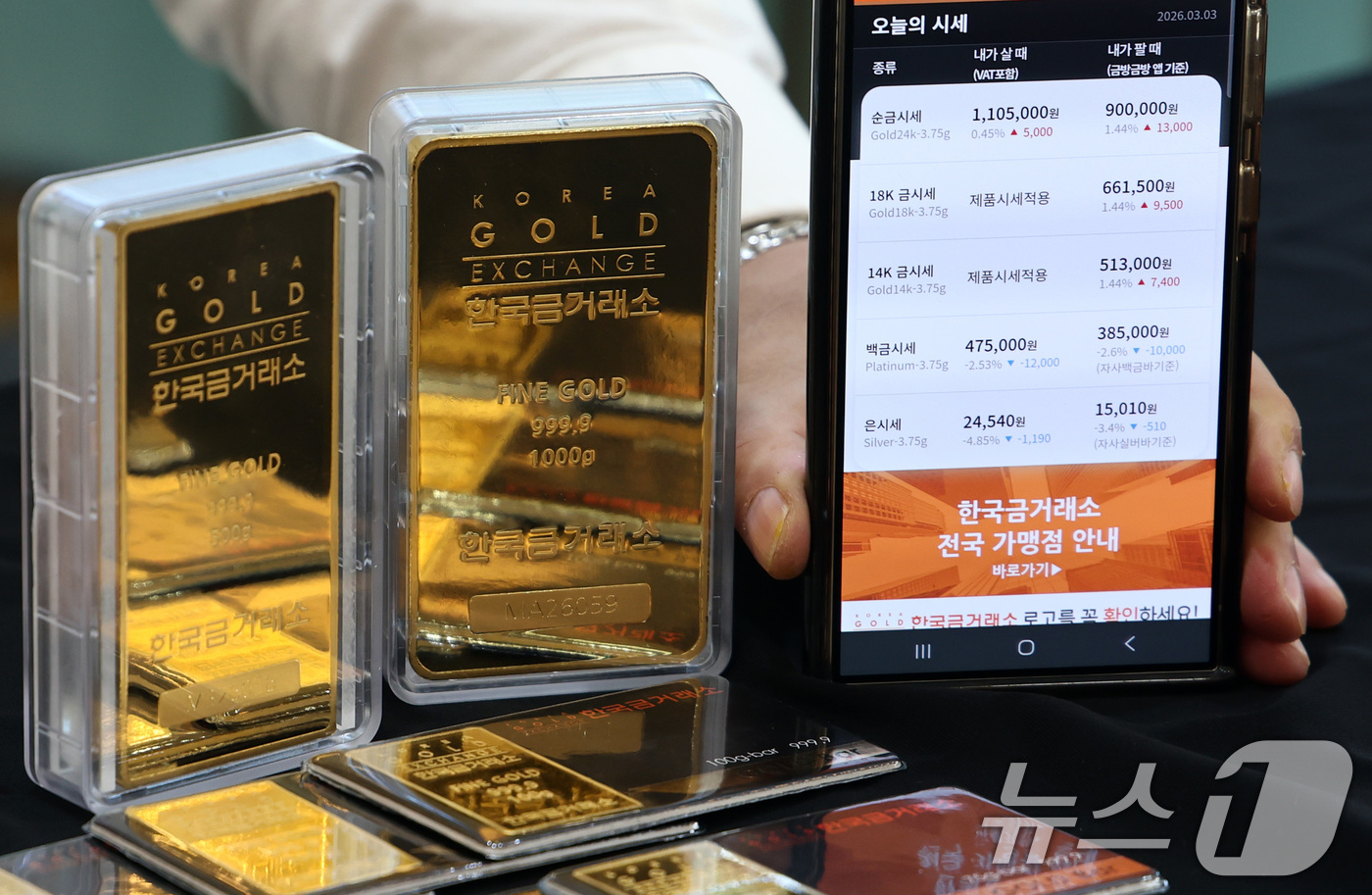 (서울=뉴스1) 최지환 기자 = 미국·이스라엘의 이란 타격으로 안전자산 수요가 증가하고 있는 3일 서울 종로구 한국금거래소에서 직원이 골드바를 정리하고 있다.오후3시 8분 기준 K …