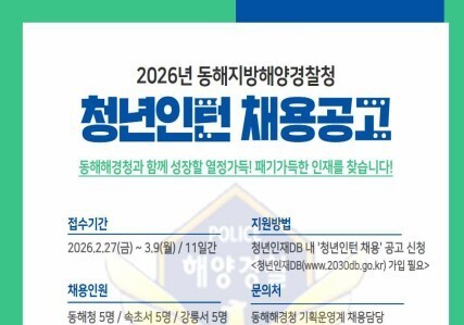 속초해경 청년인턴 뽑는다…행정지원·해양안전 홍보 등 실무 배치