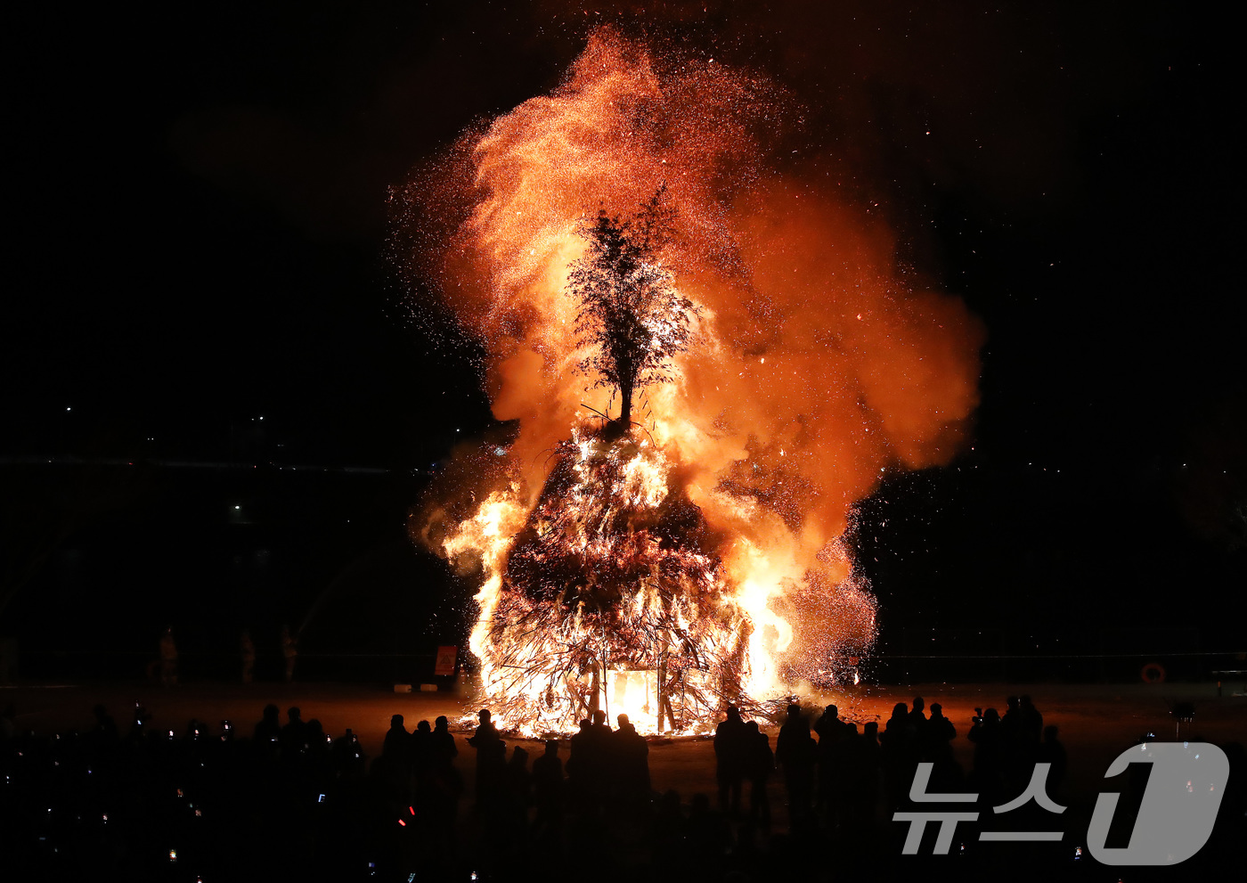 (대구=뉴스1) 공정식 기자 = 정월대보름인 3일 오후 대구 북구 금호강 둔치에서 열린 '금호강 정월대보름 축제'에서 액운을 물리치고 만복을 기원하는 초대형 달집이 활활 타고 있다 …