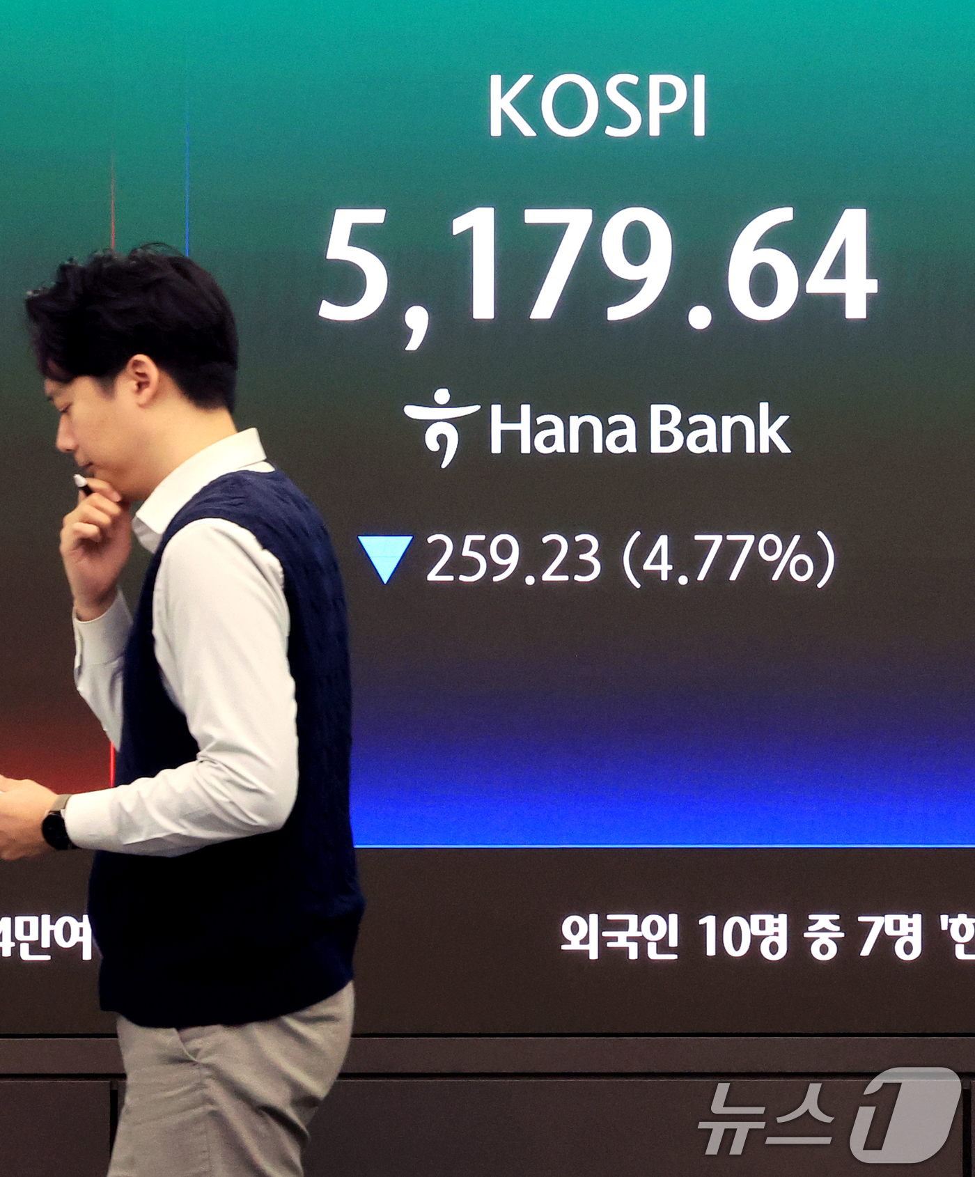 (서울=뉴스1) 이호윤 기자 = 30일 서울 중구 하나은행 딜링룸 전광판에 증시 시황이 표시되고 있다. 이날 코스피는 전 거래일 대비 257.07포인트(4.73%) 내린 5181. …