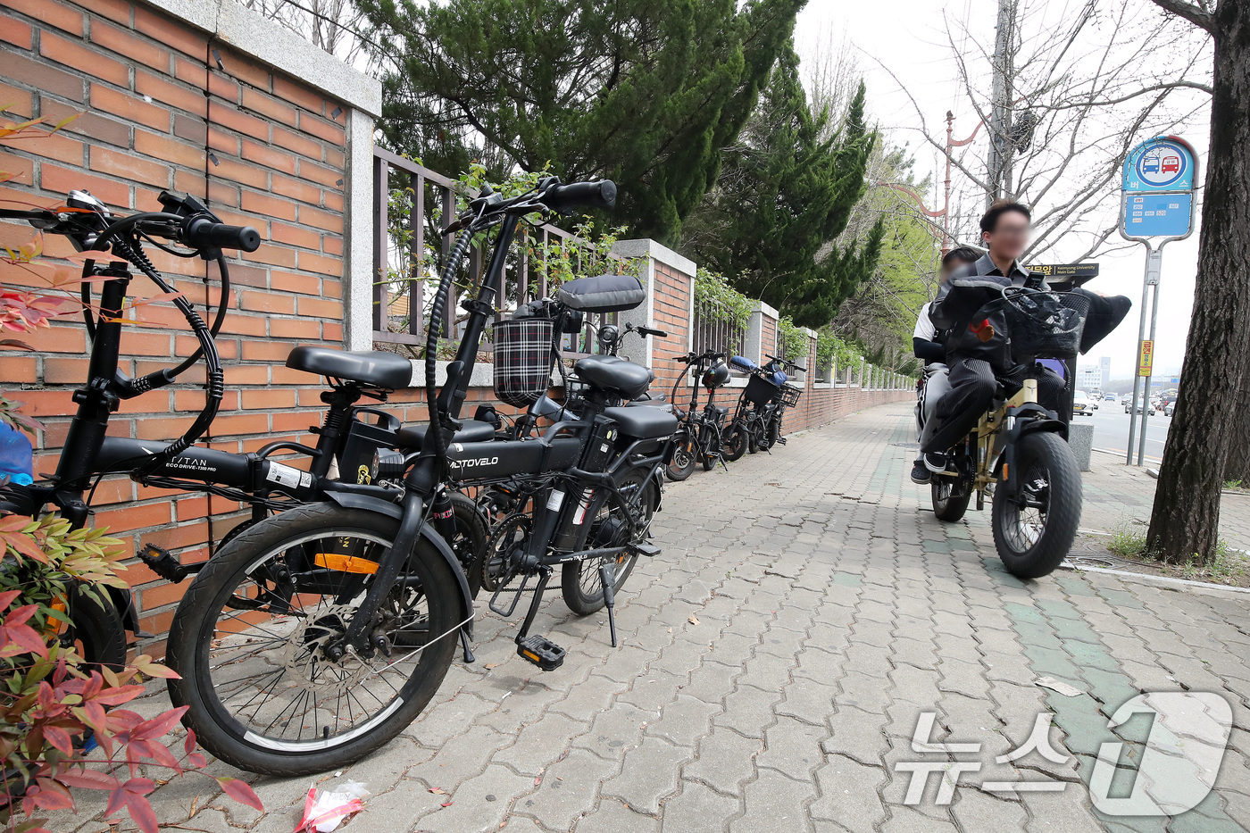 (대구=뉴스1) 공정식 기자 = 30일 오전 대구 달서구의 한 대학교 버스정류장 옆 인도로 안전모도 쓰지 않은 채 전기자전거를 탄 학생들이 인도를 달리고 있다. 대학 울타리 주변 …