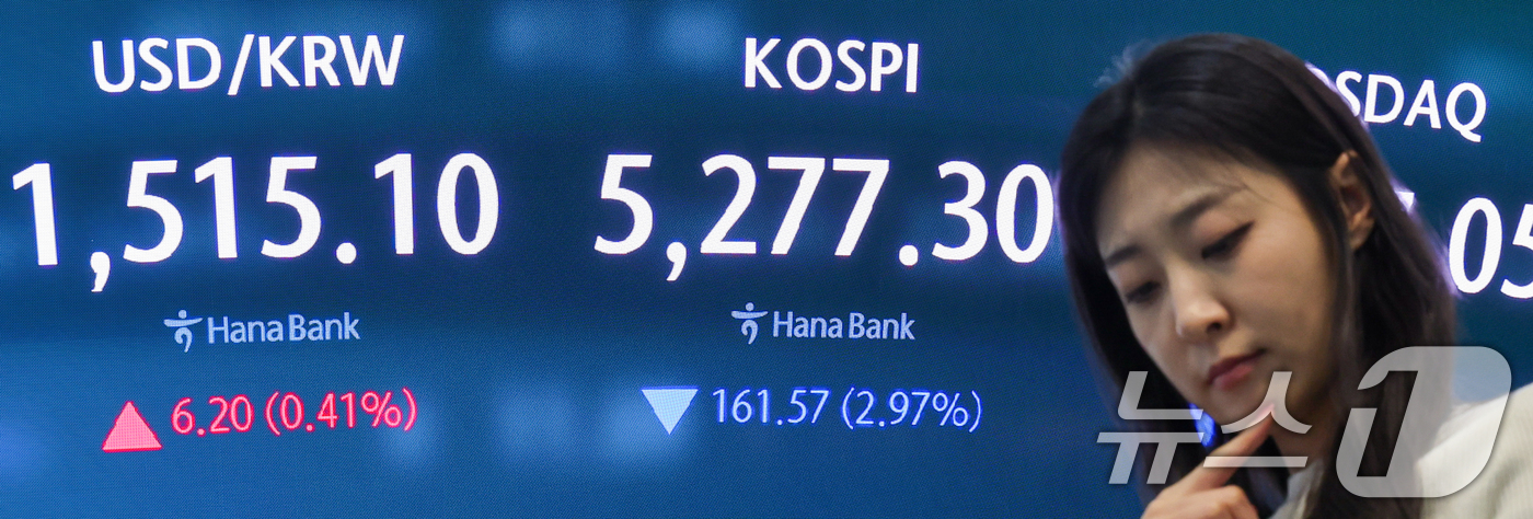 (서울=뉴스1) 안은나 기자 = 30일 오후 서울 중구 하나은행 본점 딜링룸에 종가가 나오고 있다.이날 코스피 지수는 전 거래일과 비교해 161.57포인트(2.97%) 하락한 52 …