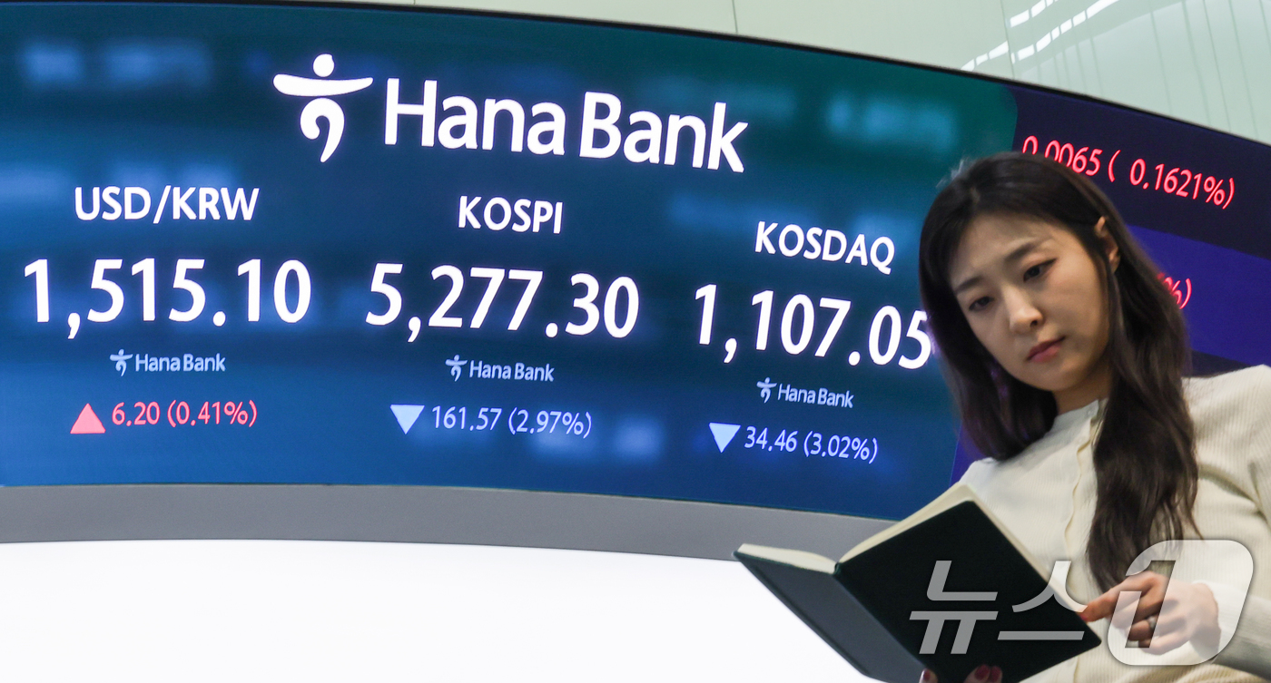 (서울=뉴스1) 안은나 기자 = 30일 오후 서울 중구 하나은행 본점 딜링룸에 종가가 나오고 있다.이날 코스피 지수는 전 거래일과 비교해 161.57포인트(2.97%) 하락한 52 …