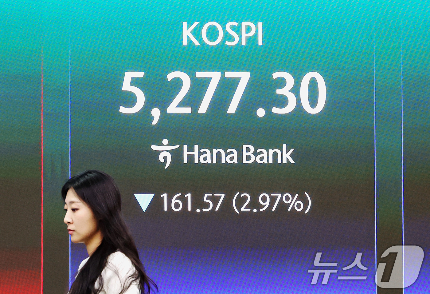 (서울=뉴스1) 조연우 인턴기자 = 코스피 지수가 중동 확전 우려에 하락 마감한 30일 오후 서울 중구 하나은행 딜링룸 현황판에 전일대비 161.57포인트(2.97%) 하락한 5, …