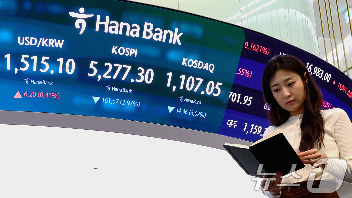 (서울=뉴스1) 조연우 인턴기자 = 코스피 지수가 중동 확전 우려에 하락 마감한 30일 오후 서울 중구 하나은행 딜링룸 현황판에 전장대비 161.57포인트(2.97%) 하락한 5, …