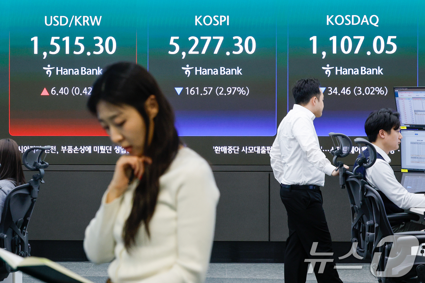 (서울=뉴스1) 안은나 기자 = 30일 오후 서울 중구 하나은행 본점 딜링룸에 종가가 나오고 있다.이날 코스피 지수는 전 거래일과 비교해 161.57포인트(2.97%) 하락한 52 …
