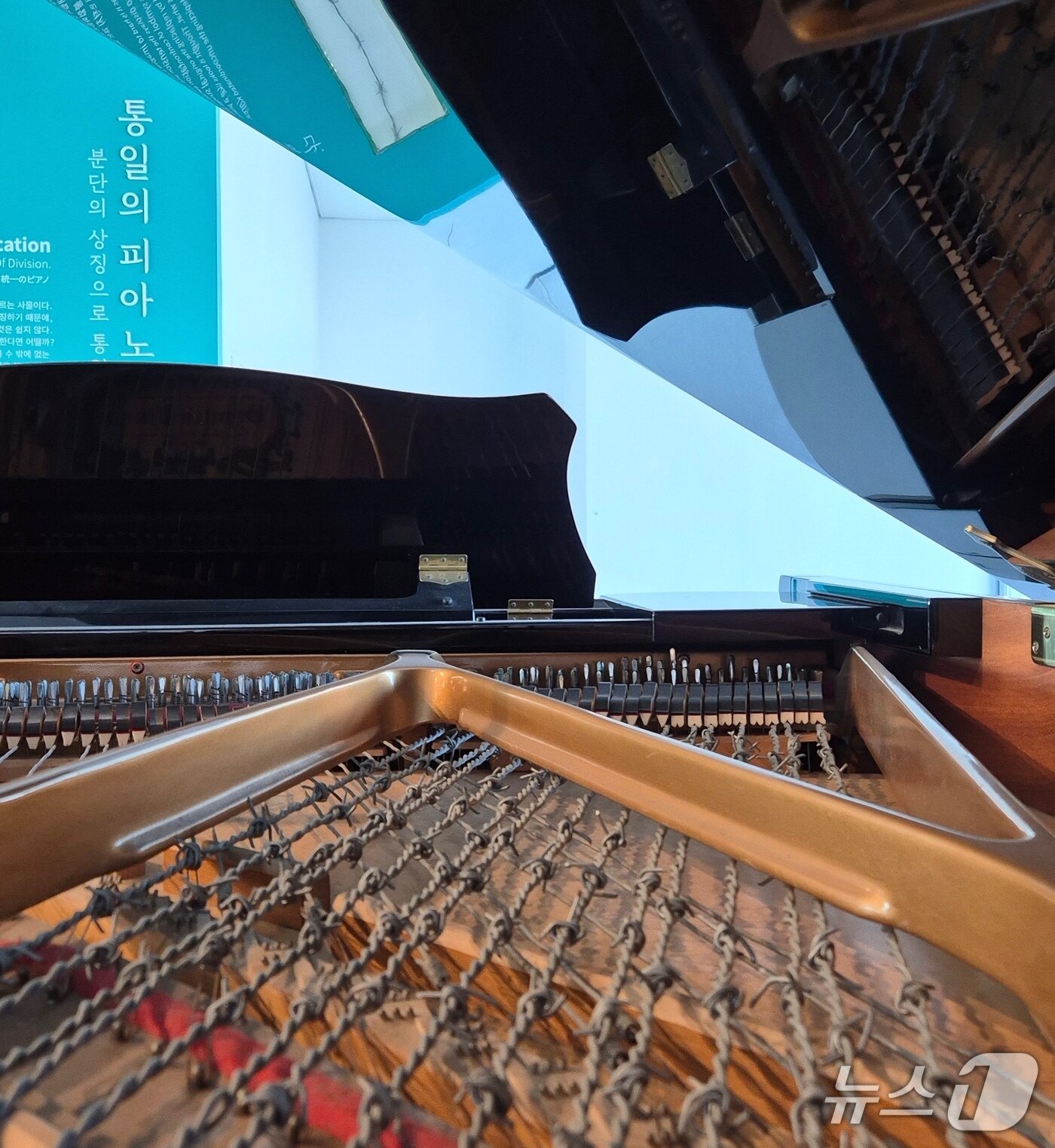 본문 이미지 - 오두산 통일전망대에 있는 '통일의 피아노'. DMZ 인근 철책선으로 피아노의 현을 만들었다고 한다. 2026.03.28. ⓒ 뉴스1 임여익 기자