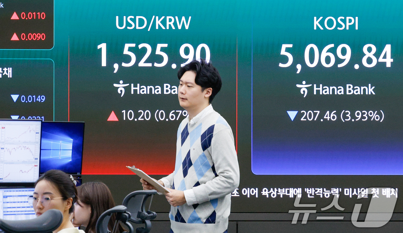 (서울=뉴스1) 안은나 기자 = 장중 코스피가 5100선 아래로 떨어지고 달러·원 환율이 장중 1525원을 넘어선 31일 오전 서울 중구 하나은행 본점 딜링룸 전광판에 코스피, 코 …