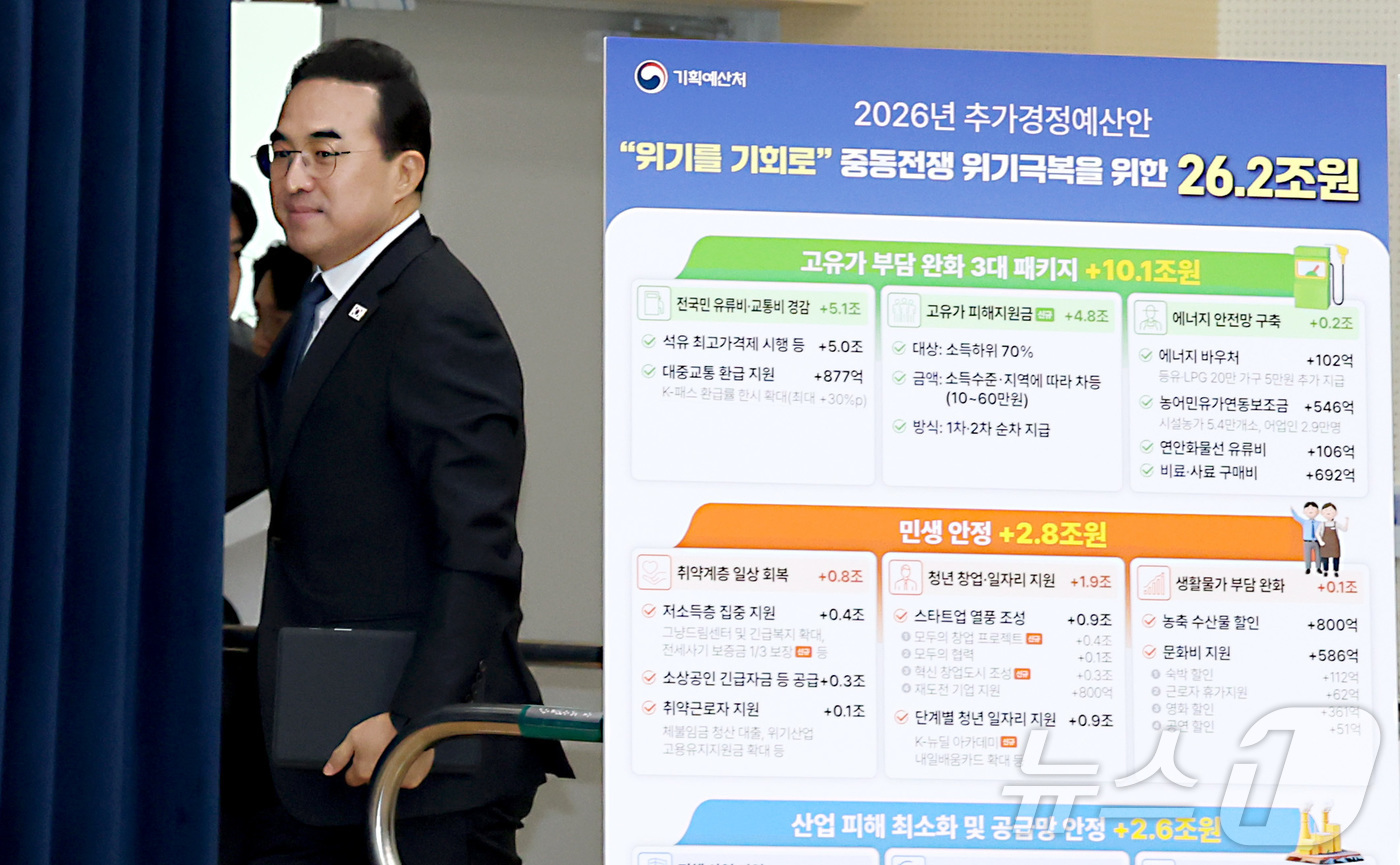 (세종=뉴스1) 김기남 기자 = 박홍근 기획예산처 장관이 지난 27일 세종시 정부세종청사에서 중동전쟁 위기극복을 위한 2026년 추가경정예산안 발표에 입장하고 있다. 2026.3. …