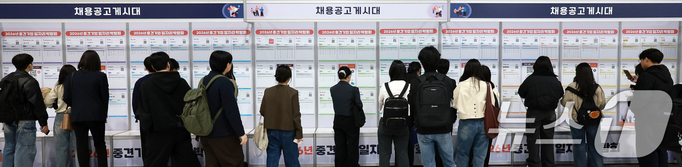(서울=뉴스1) 이호윤 기자 = 31일 서울 서초구 aT센터에서 열린 '2026년 중견기업 일자리박람회'를 찾은 구직자들이 채용공고게시대를 살펴보고 있다. 2026.3.31/뉴스1 …