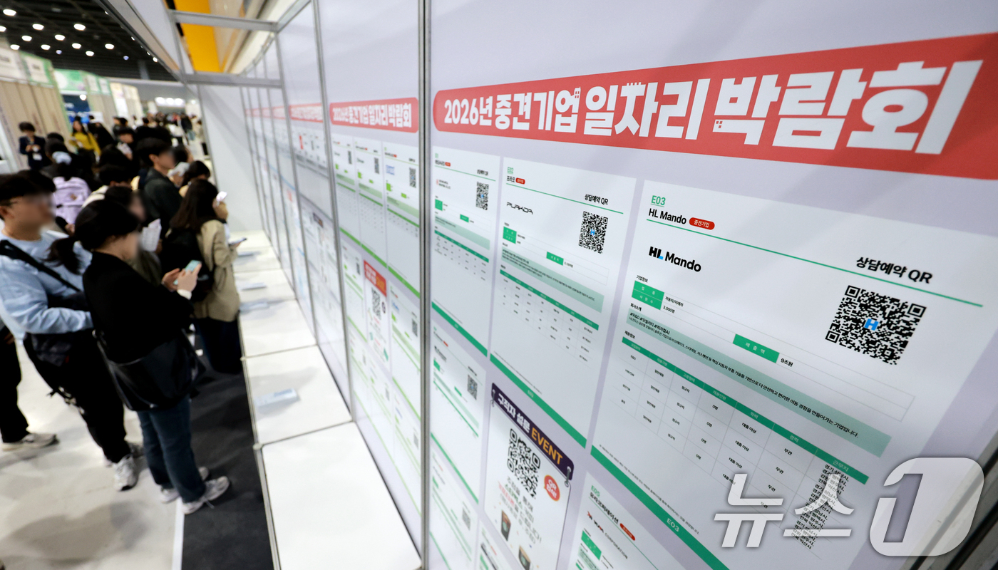 (서울=뉴스1) 이호윤 기자 = 31일 서울 서초구 aT센터에서 열린 '2026년 중견기업 일자리박람회'를 찾은 구직자들이 채용공고게시대를 살펴보고 있다. 2026.3.31/뉴스1 …