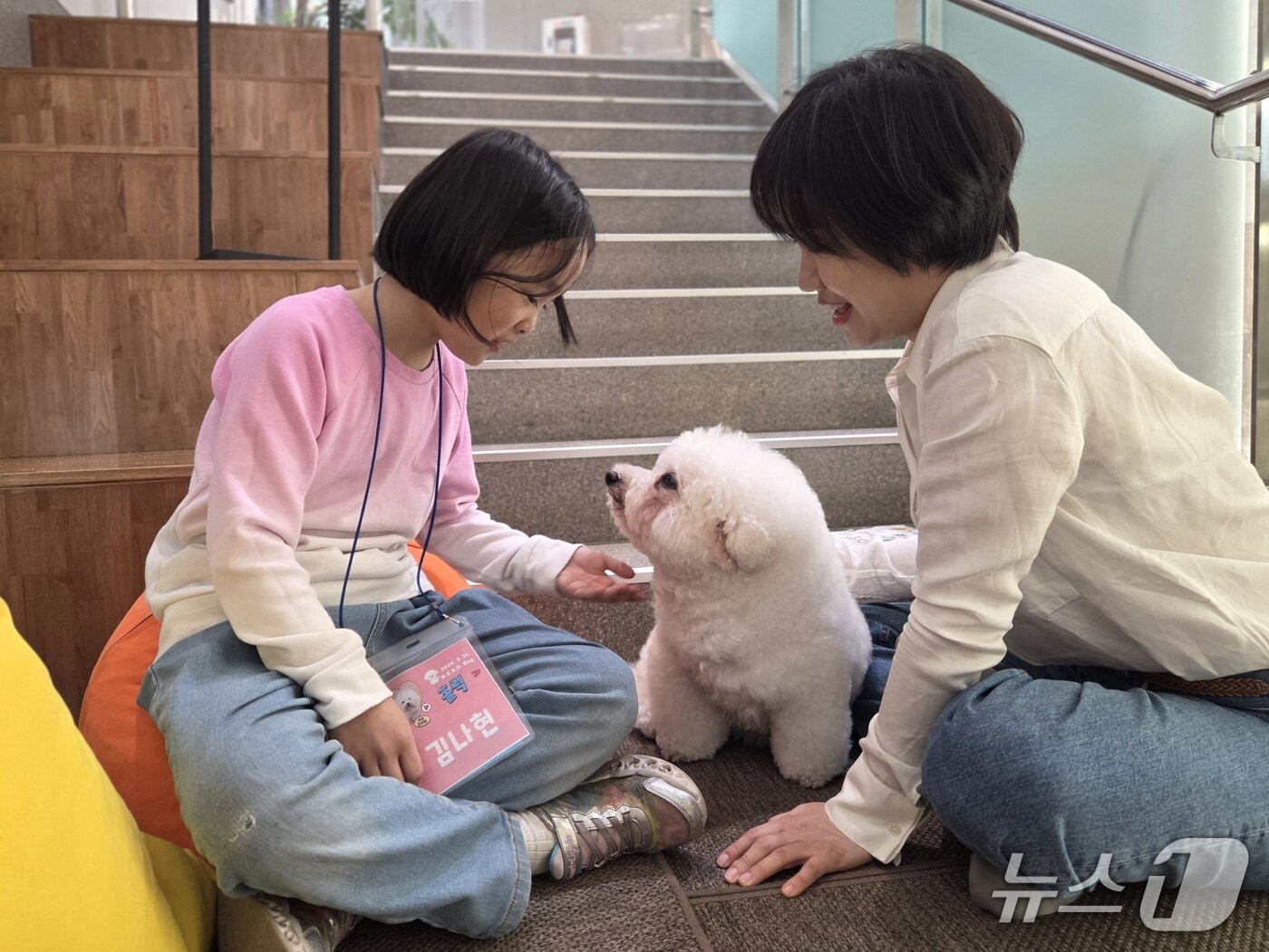 본문 이미지 - 홀릭이의 반려인인 조수민 치료사(오른쪽)가 프로그램 시작에 앞서 김나현 어린이에게 반려견과 인사하는 방법을 교육하고 있다. ⓒ 뉴스1 한송아 기자