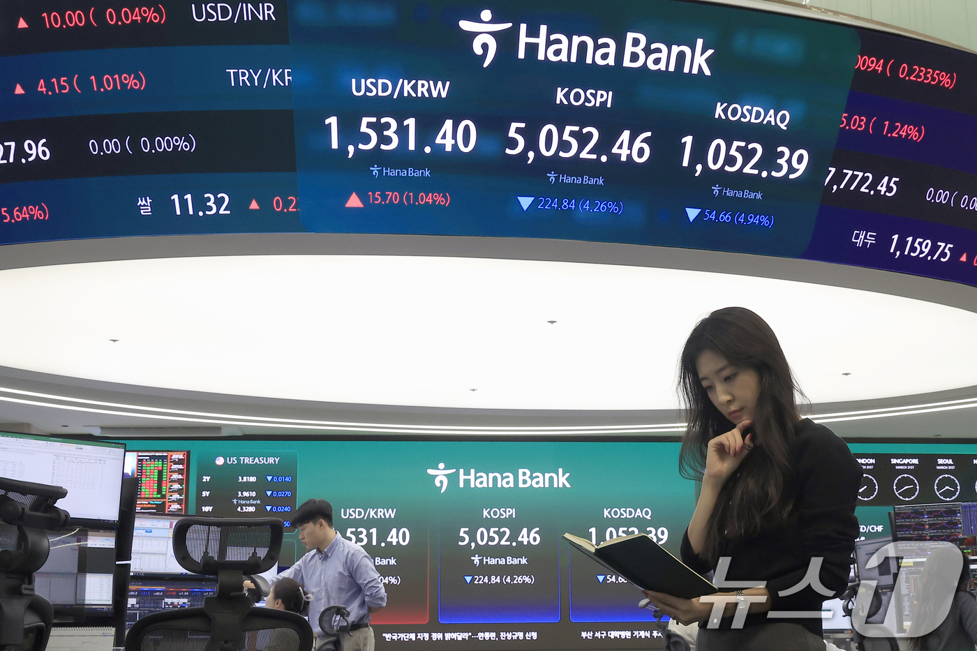 (서울=뉴스1) 박정호 기자 = 외국인 투자자들의 국내 주식 순매도가 이어지고, 달러·원 환율이 2009년 금융위기 이후 처음으로 1530원을 돌파한 31일 오후 서울 중구 하나은 …