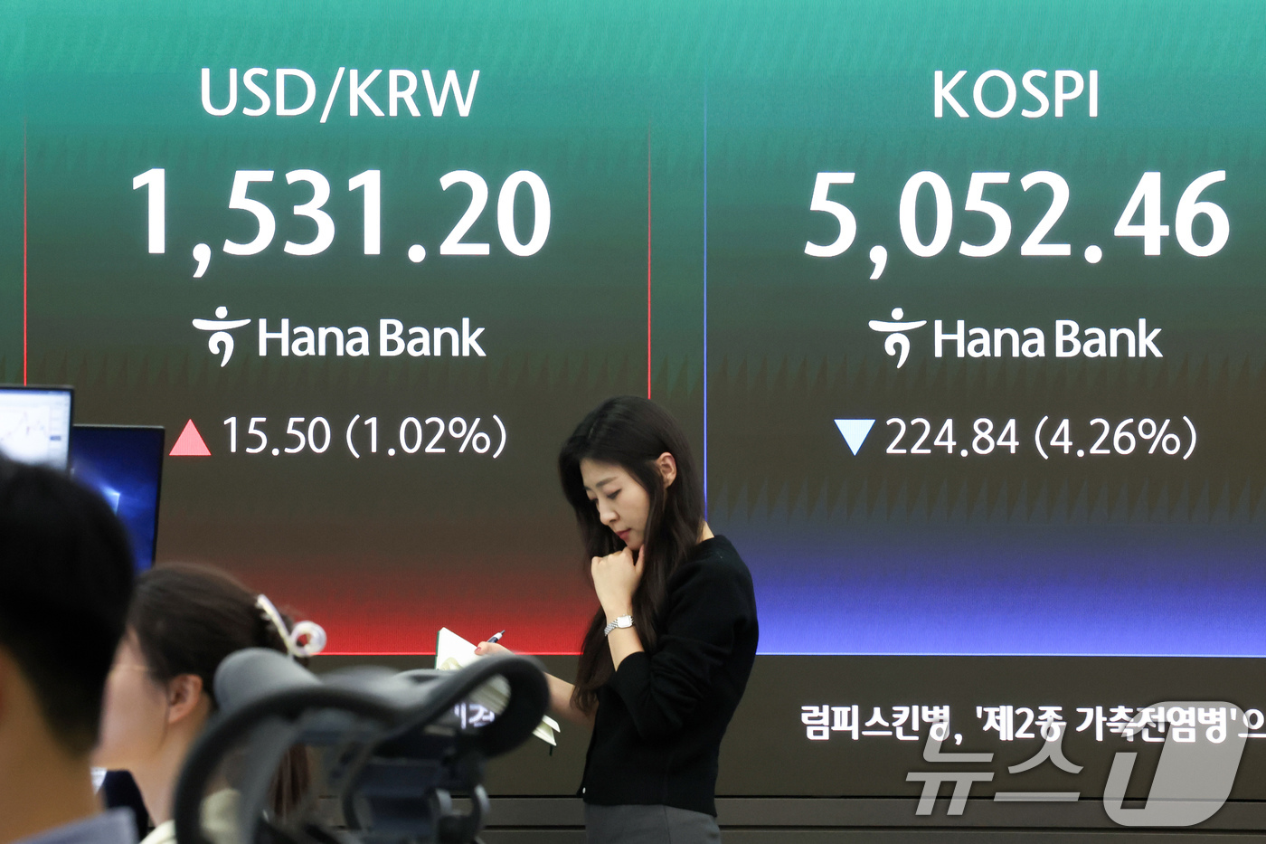 (서울=뉴스1) 임지훈 인턴기자 = 중동 긴장 고조가 이어지는 31일 오후 서울 중구 하나은행 본점 딜링룸 전광판에 증시 시황이 표시되고 있다. 이날 코스피는 전 거래일 대비 22 …