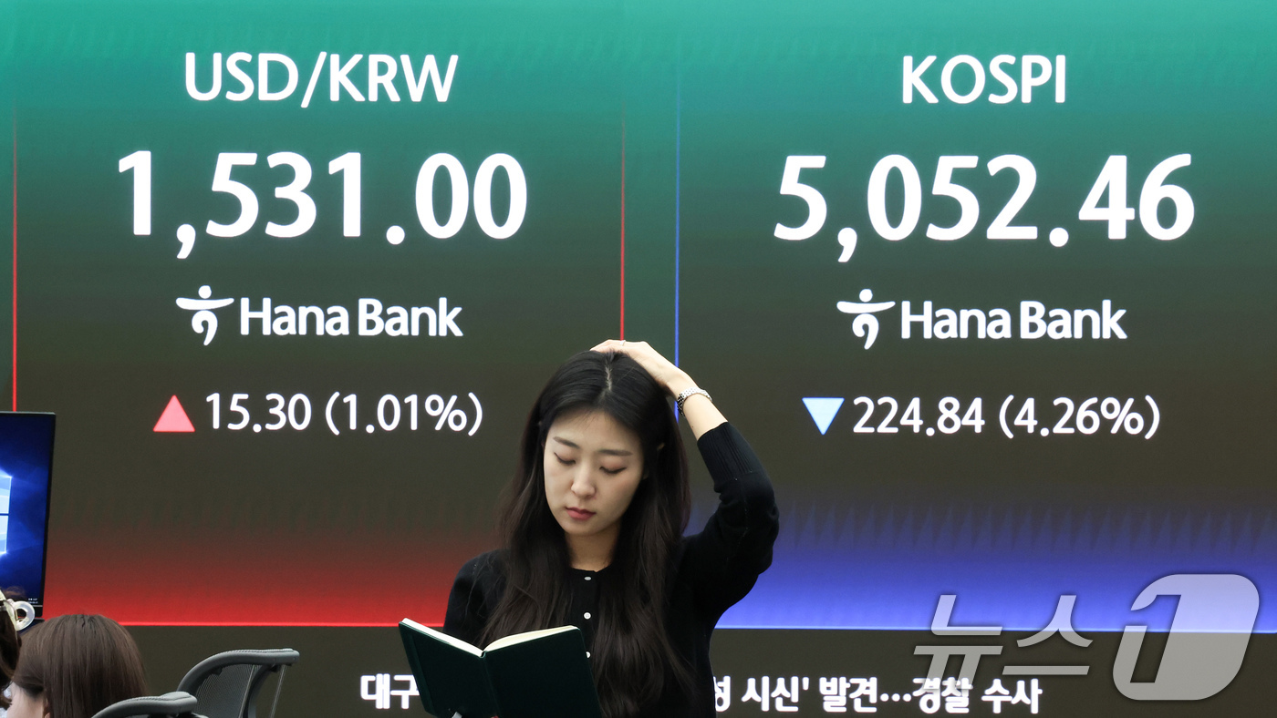 (서울=뉴스1) 임지훈 인턴기자 = 중동 긴장 고조가 이어지는 31일 오후 서울 중구 하나은행 본점 딜링룸 전광판에 증시 시황이 표시되고 있다. 이날 코스피는 전 거래일 대비 22 …