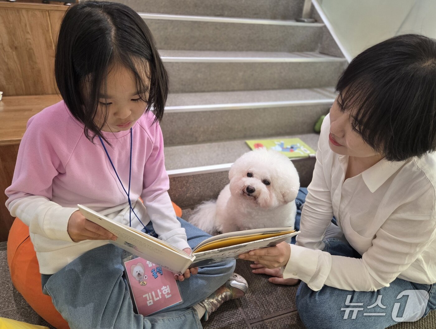 본문 이미지 - 김나현 어린이가 리딩독 홀릭이에게 책을 읽어주고 있다. ⓒ 뉴스1 한송아 기자