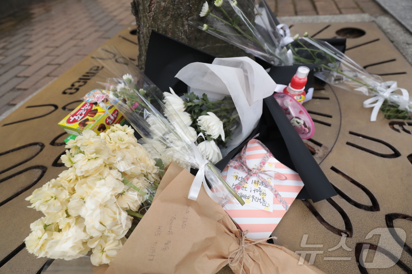 (울산=뉴스1) 김세은 기자 = 31일 울산 북구 신천동의 아파트 단지 내 도로변에 교통사고로 숨진 초등학생을 추모하기 위한 꽃들과 과자가 놓여있다. 2026.3.31/뉴스1