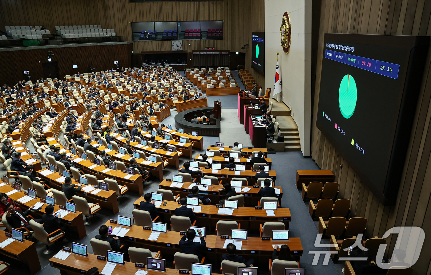 (서울=뉴스1) 김도우 기자 = 31일 서울 여의도 국회에서 열린 제433회국회(임시회) 제3차 본회의에서 공휴일에 관한 법률 일부개정법률안(대안)이 통과되고 있다. 2026.3. …