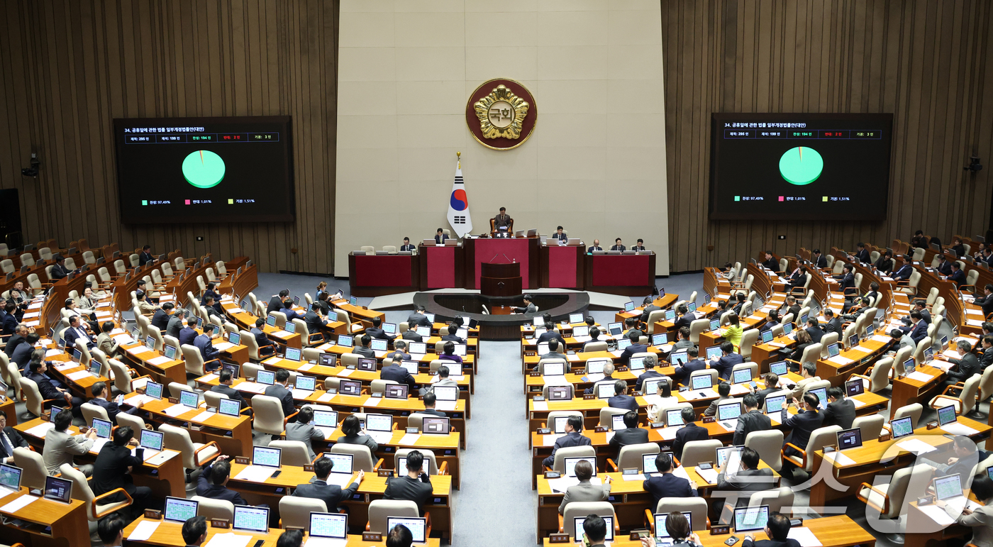 (서울=뉴스1) 이승배 기자 = 31일 서울 여의도 국회에서 열린 제433회국회(임시회) 제3차 본회의에  공휴일에 관한 법률 일부개정법률안(대안)이 통과되고 있다. 2026.3. …