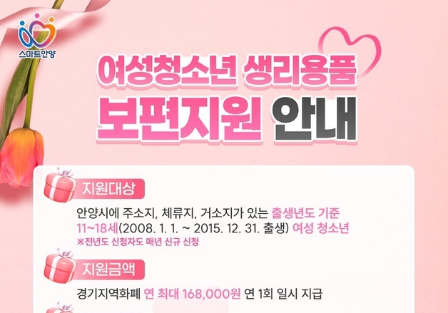 안양시, 여성청소년 생리용품 보편지원…연 16만8000원