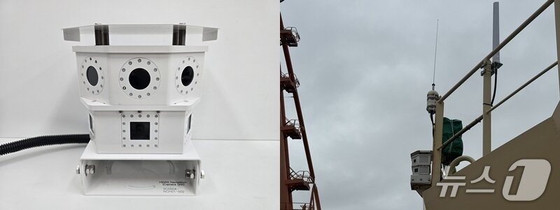 본문 이미지 - 왼쪽 사진은 HD현대 아비커스의 하이나스 컨트롤 내비게이션 카메라 유닛(아비커스 제공). 오른쪽은 카메라 유닛 등이 HMM 에메랄드호에 설치된 모습