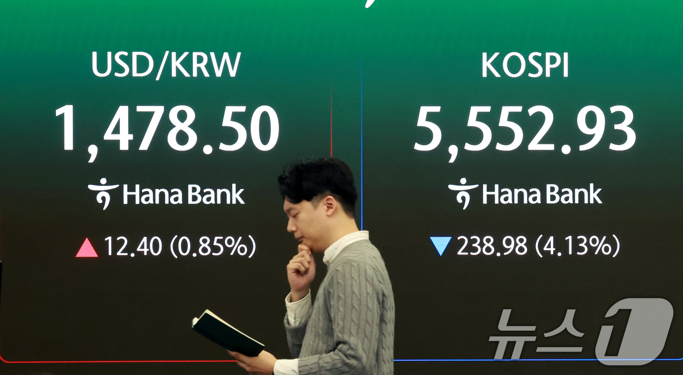 (서울=뉴스1) 이호윤 기자 = 미국과 이란 간의 무력 충돌로 경제시장 불안감이 지속되고 있는 4일 서울 중구 하나은행 본점 딜링룸 전광판에 코스피 지수가 나오고 있다. 이날 코스 …