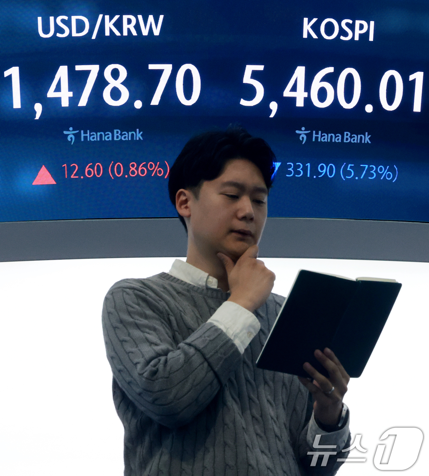 (서울=뉴스1) 이호윤 기자 = 미국과 이란 간의 무력 충돌로 경제시장 불안감이 지속되고 있는 4일 서울 중구 하나은행 본점 딜링룸 전광판에 코스피 지수가 나오고 있다. 이날 코스 …