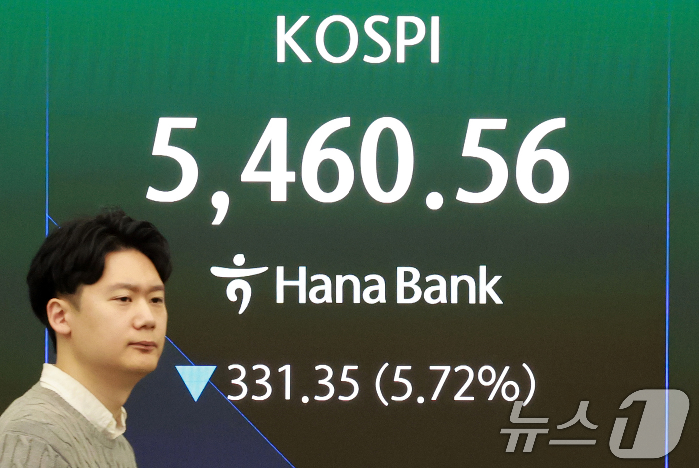 (서울=뉴스1) 이호윤 기자 = 미국과 이란 간의 무력 충돌로 경제시장 불안감이 지속되고 있는 4일 서울 중구 하나은행 본점 딜링룸 전광판에 코스피 지수가 나오고 있다. 이날 코스 …