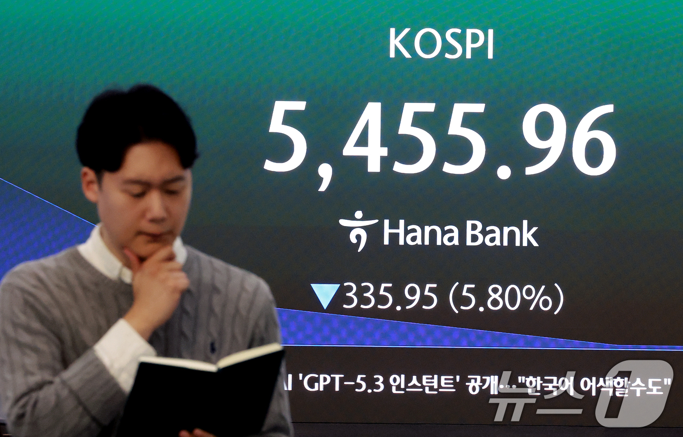 (서울=뉴스1) 이호윤 기자 = 미국과 이란 간의 무력 충돌로 경제시장 불안감이 지속되고 있는 4일 서울 중구 하나은행 본점 딜링룸 전광판에 코스피 지수가 나오고 있다. 이날 코스 …