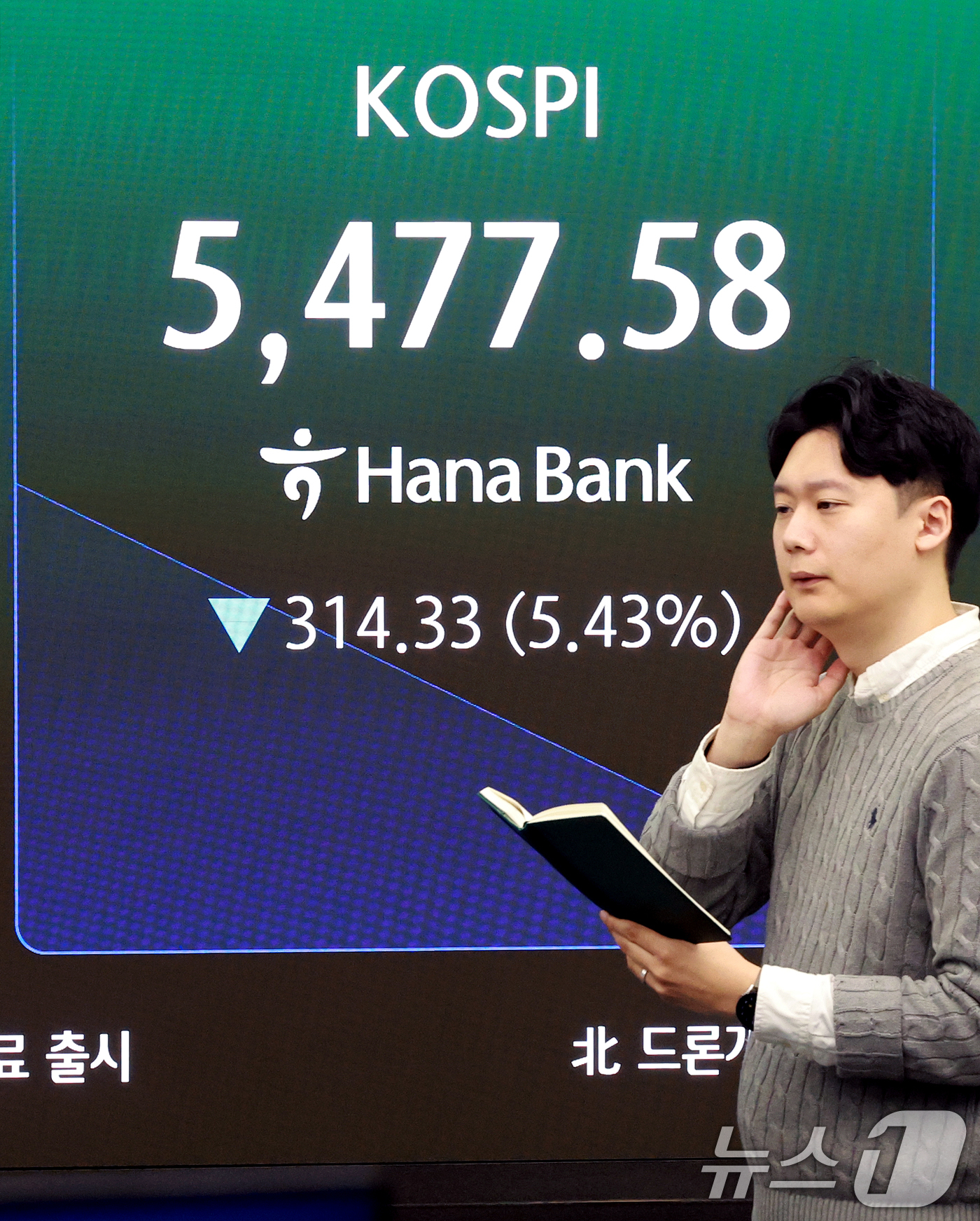 (서울=뉴스1) 이호윤 기자 = 미국과 이란 간의 무력 충돌로 경제시장 불안감이 지속되고 있는 4일 서울 중구 하나은행 본점 딜링룸 전광판에 코스피 지수가 나오고 있다. 이날 코스 …