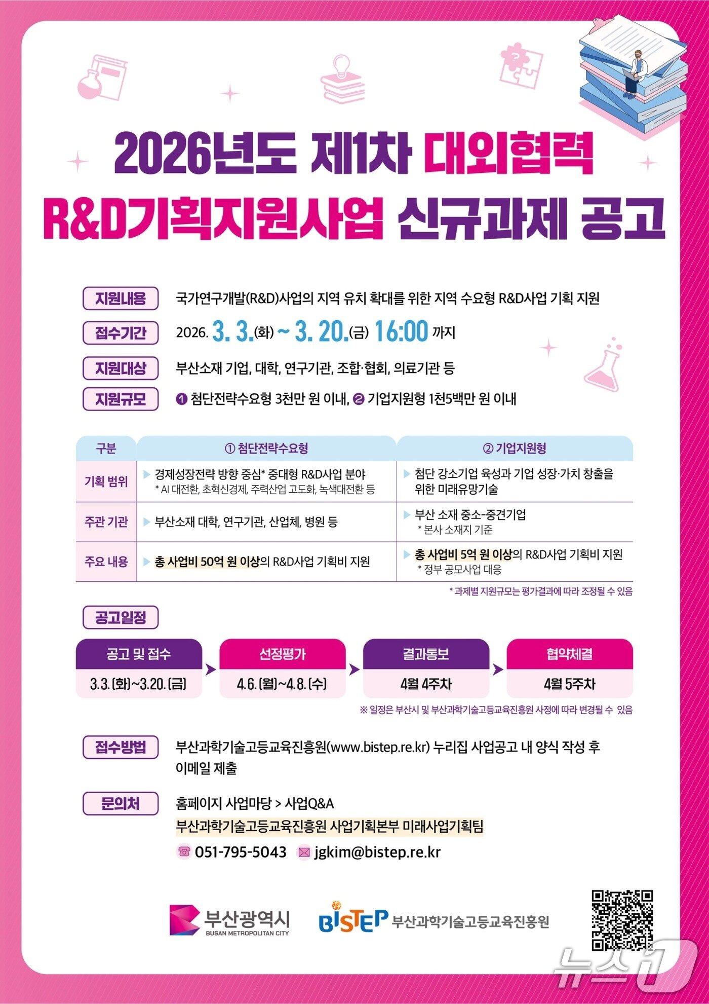 본문 이미지 -  부산과학기술고등교육진흥원(BISTEP) '2026년 제1차 대외협력 R&D기획지원사업 신규 과제 공고' 포스터. (BISTEP 제공. 재판매 및 DB금지)