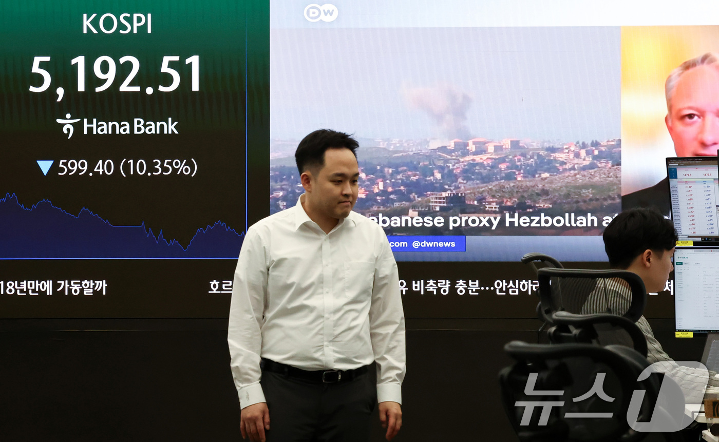 (서울=뉴스1) 최지환 기자 = 이란전쟁 여파로 코스피·코스닥에 서킷브레이커가 발동하는 등 증시가 급락한 4일 서울 중구 하나은행 본점 딜링룸 전광판에 중동분쟁 관련 뉴스가 나오고 …