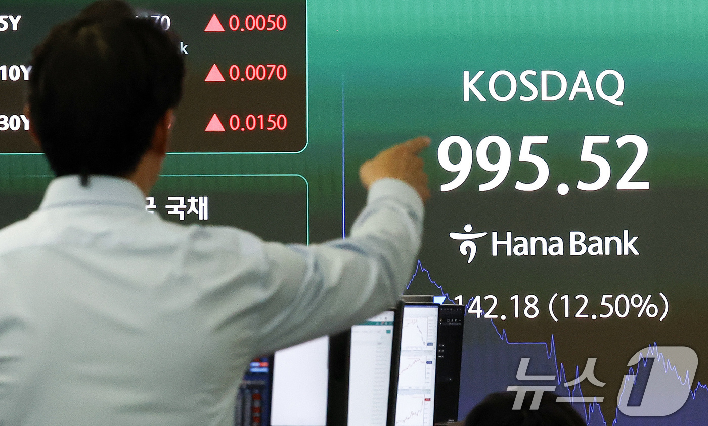 (서울=뉴스1) 최지환 기자 = 이란전쟁 여파로 코스피·코스닥에 서킷브레이커가 발동하는 등 증시가 급락한 4일 서울 중구 하나은행 본점 딜링룸 전광판에 코스닥 지수가 표시되어 있다 …