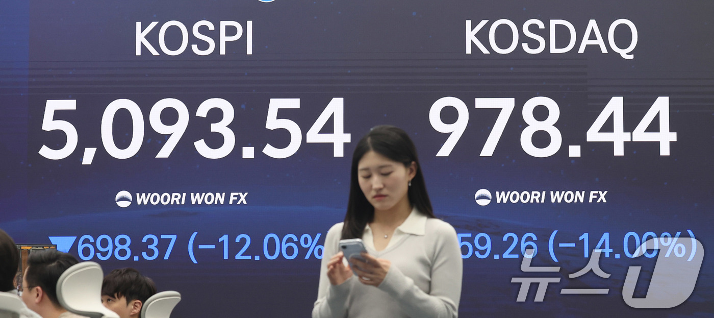 (서울=뉴스1) 박지혜 기자 = 코스피지수가 12% 넘게 폭락한 4일 오후 서울 중구 우리은행 본점 딜링룸 전광판에 코스피 종가가 표시되고 있다.이날 코스피는 전 거래일(5791. …