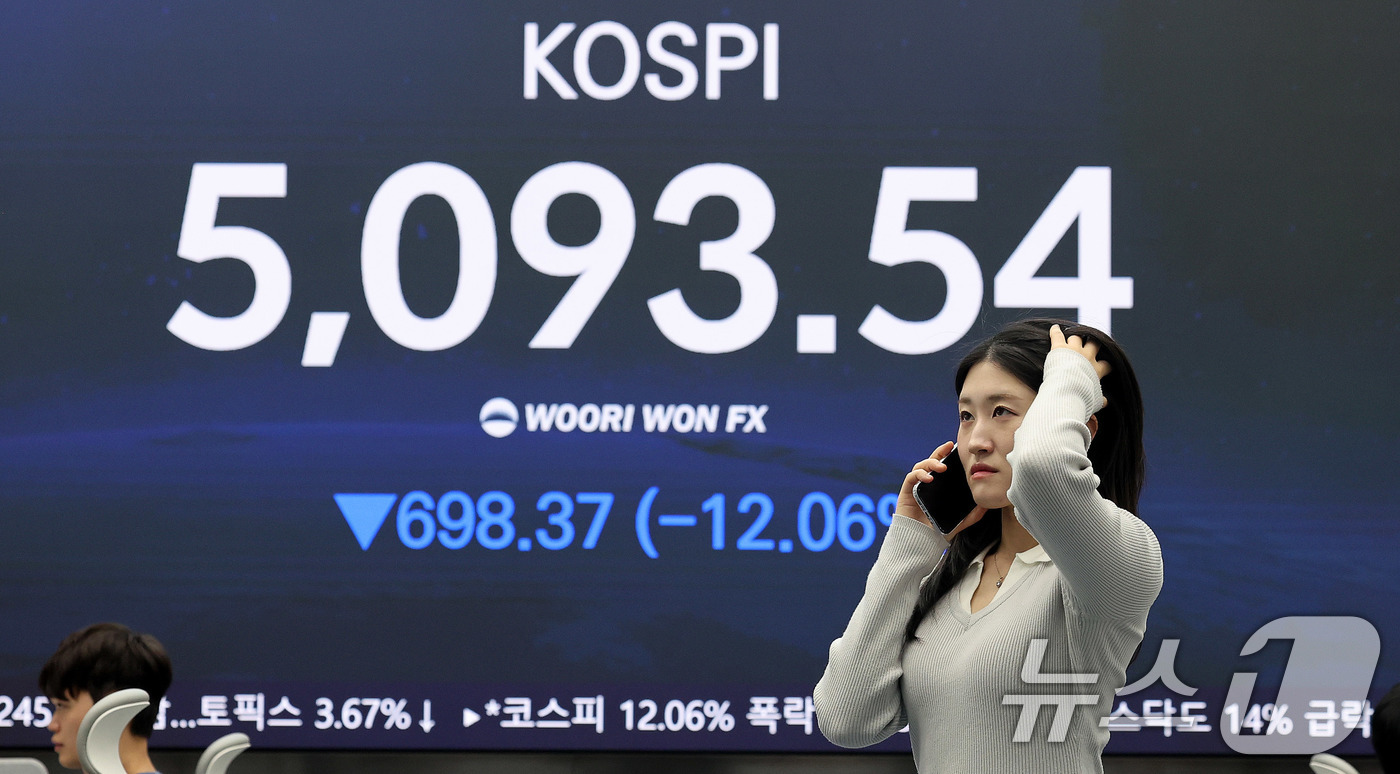 (서울=뉴스1) 박지혜 기자 = 코스피지수가 12% 넘게 폭락한 4일 오후 서울 중구 우리은행 본점 딜링룸 전광판에 코스피 종가가 표시되고 있다.이날 코스피는 전 거래일(5791. …