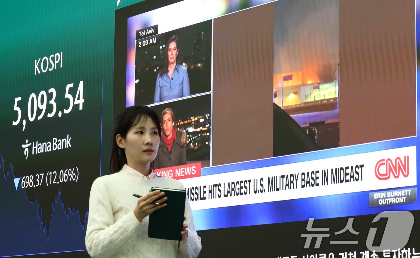 본문 이미지 - 이란전쟁 여파로 코스피 지수가 급락 마감한 4일 서울 중구 하나은행 본점 딜링룸 전광판에 코스피 지수 종가가 표시되어 있다. 2026.3.4 ⓒ 뉴스1 최지환 기자