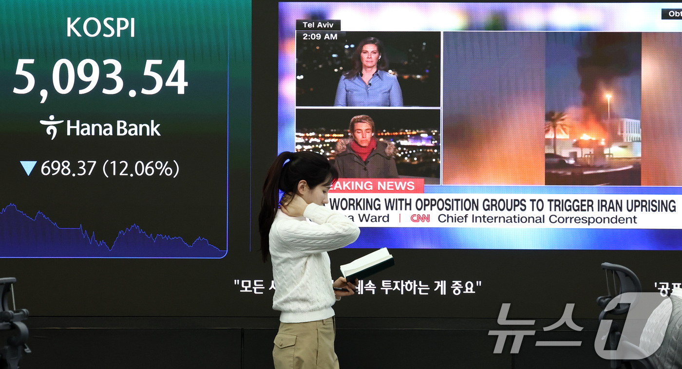(서울=뉴스1) 최지환 기자 = 이란전쟁 여파로 코스피 지수가 급락 마감한 4일 서울 중구 하나은행 본점 딜링룸 전광판에 코스피 지수 종가가 표시되어 있다. 이날 코스피지수는 전일 …