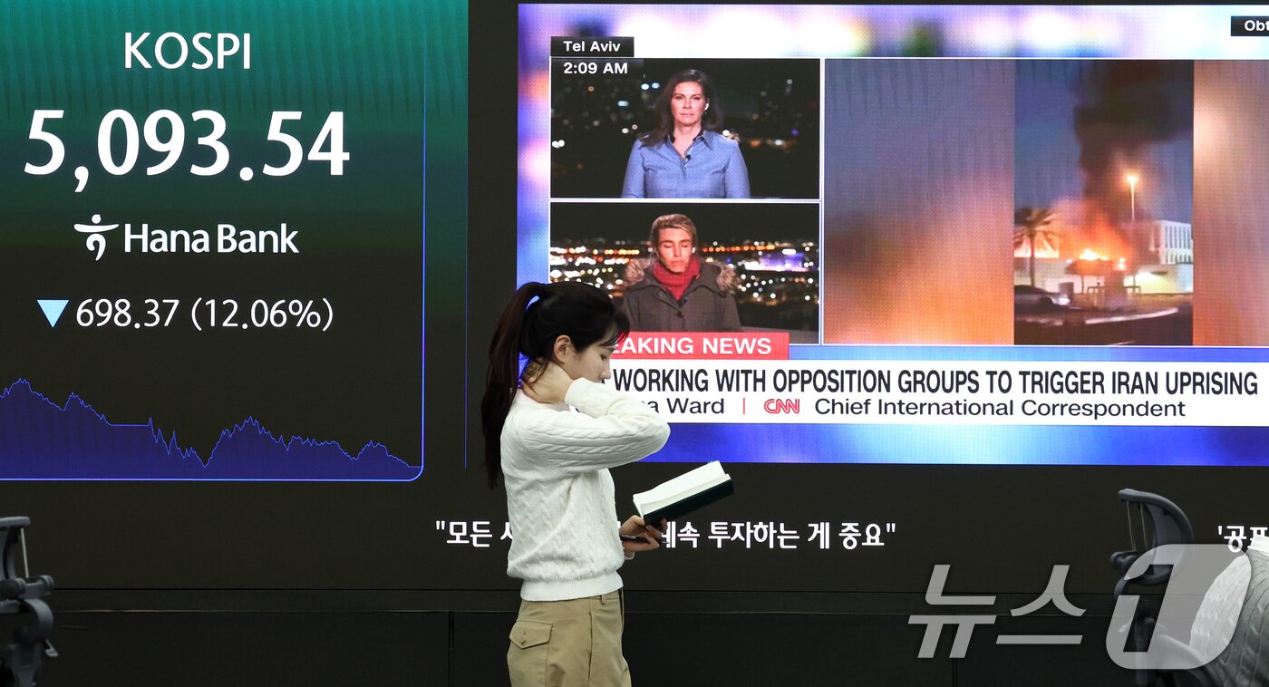 본문 이미지 - 이란전쟁 여파로 코스피 지수가 급락 마감한 4일 서울 중구 하나은행 본점 딜링룸 전광판에 코스피 지수 종가가 표시되어 있다. 2026.3.4 ⓒ 뉴스1 최지환 기자