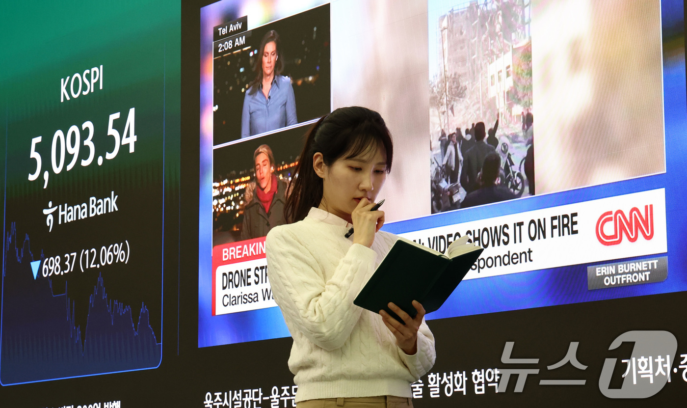 (서울=뉴스1) 최지환 기자 = 이란전쟁 여파로 코스피 지수가 급락 마감한 4일 서울 중구 하나은행 본점 딜링룸 전광판에 코스닥 지수 종가가 표시되어 있다. 이날 코스피지수는 전일 …