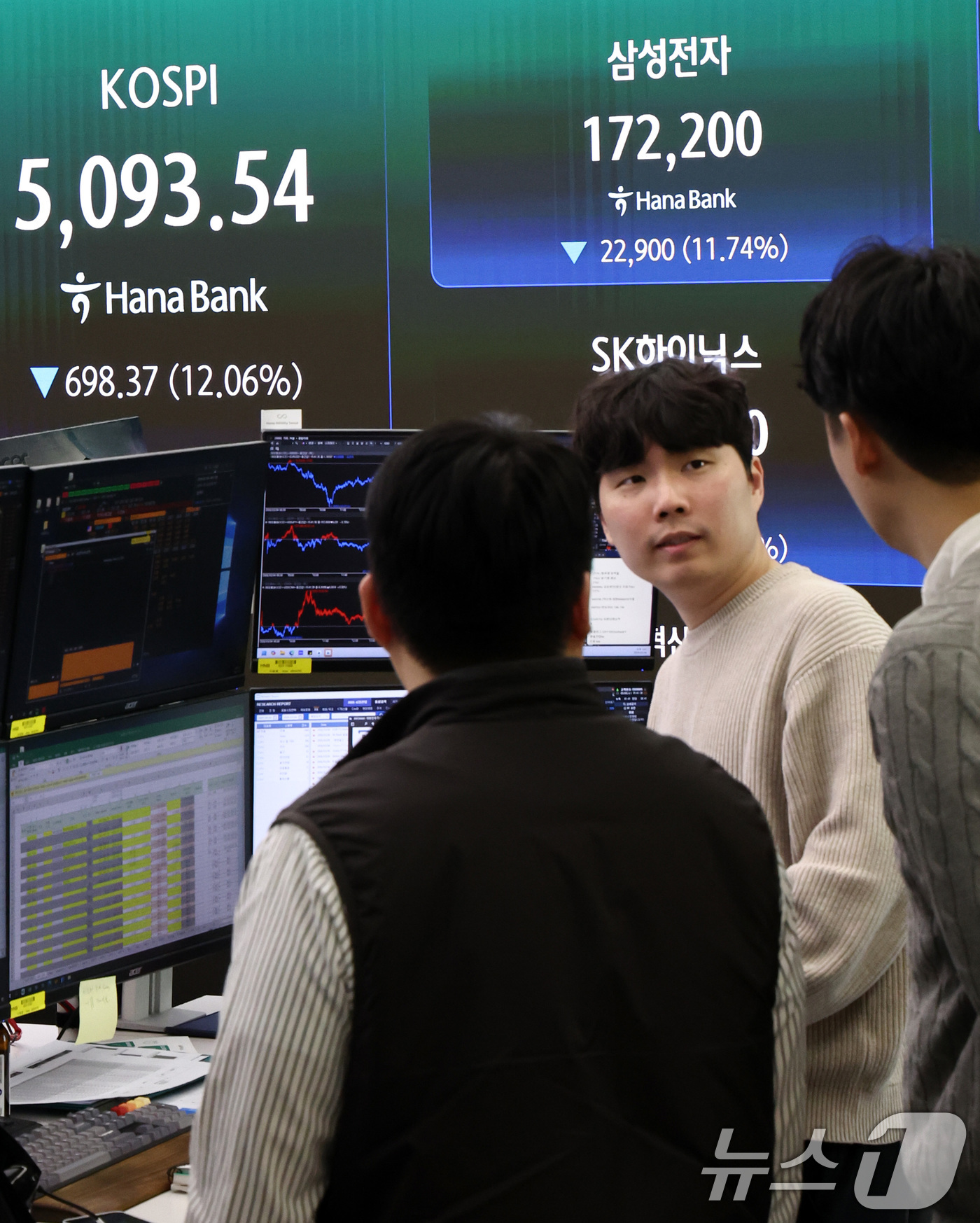 (서울=뉴스1) 최지환 기자 = 이란전쟁 여파로 코스피 지수가 급락 마감한 4일 서울 중구 하나은행 본점 딜링룸 전광판에 코스닥 지수 종가가 표시되어 있다. 이날 코스피지수는 전일 …