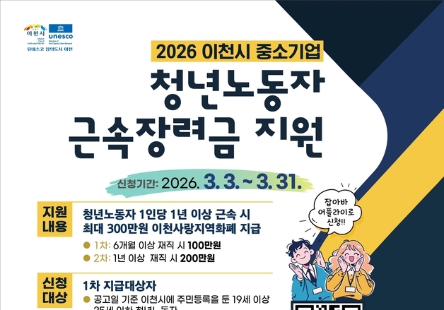 이천시, 중소기업 재직 청년노동자에 최대 300만원 지원