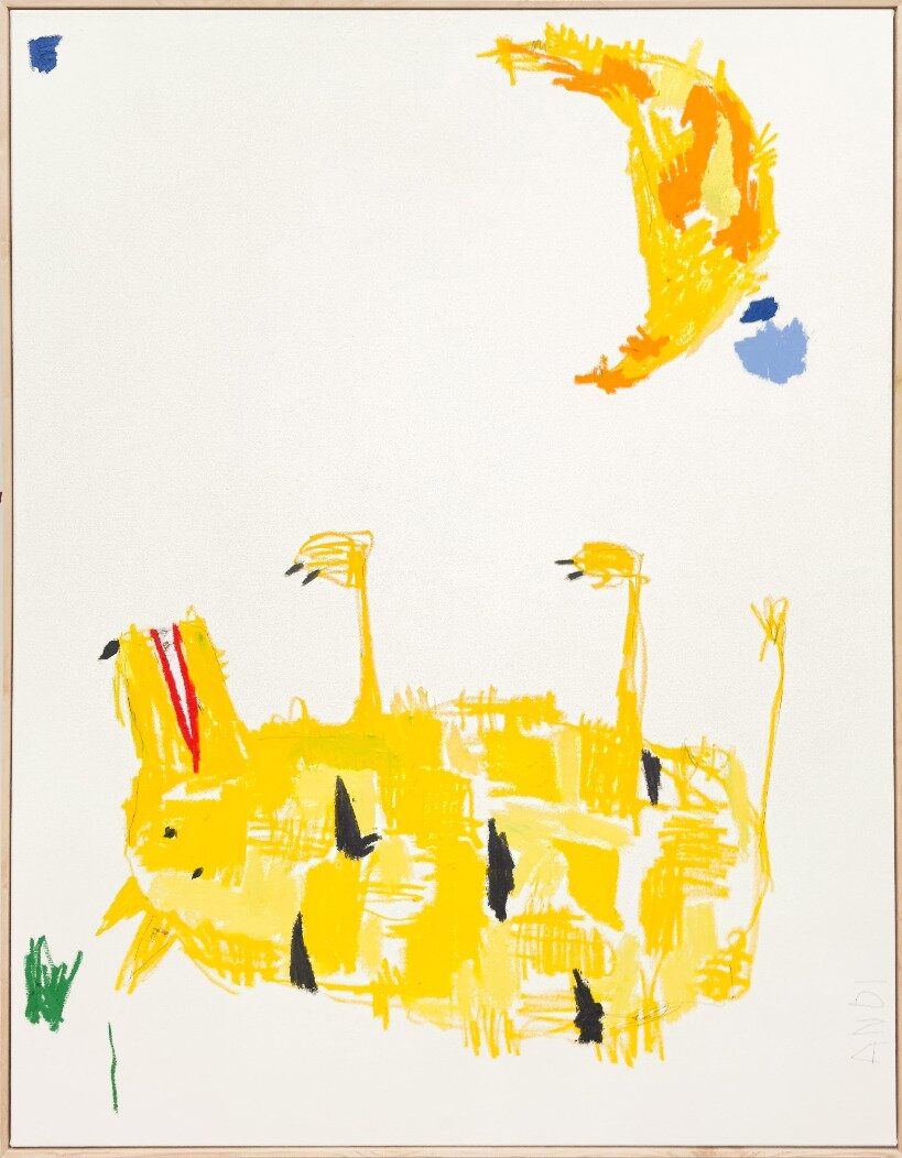 본문 이미지 - Andi Fischer, AHA HAPPY THERE GRASS, 2026, oil stick, pencil on canvas, 180 x 140 cm, 183 x 143 x 3.5 cm, artist frame, 제공: 갤러리바톤