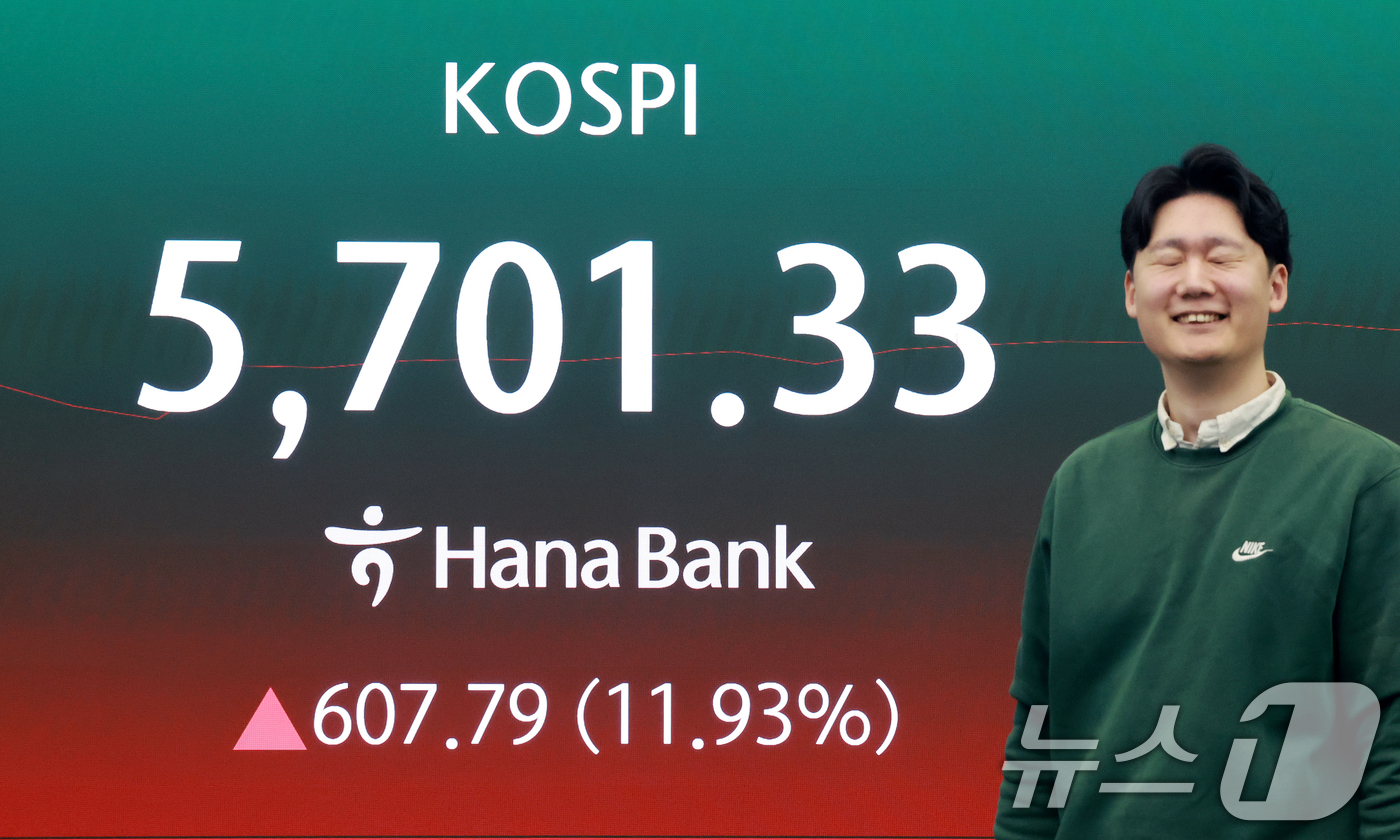 (서울=뉴스1) 이호윤 기자 = 5일 서울 중구 하나은행 딜링룸 전광판에 코스피 지수가 표시되고 있다. 이날 코스피는 장중 5700을 돌파했다. 2026.3.5/뉴스1