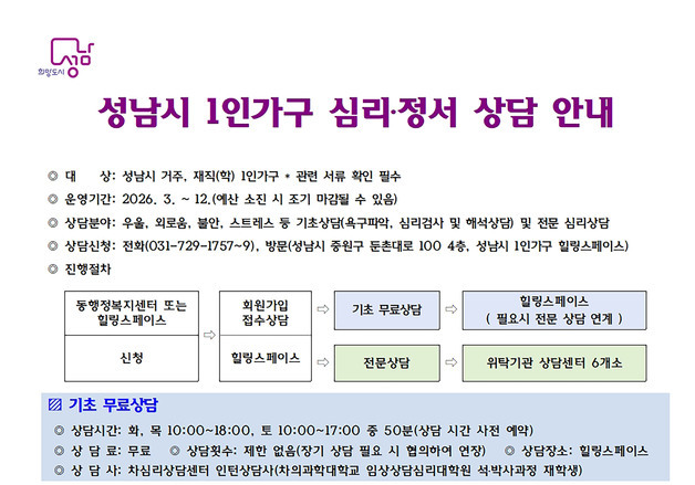 "우울감 불안감 느끼세요?"…성남시 1인 가구 심리 상담 지원