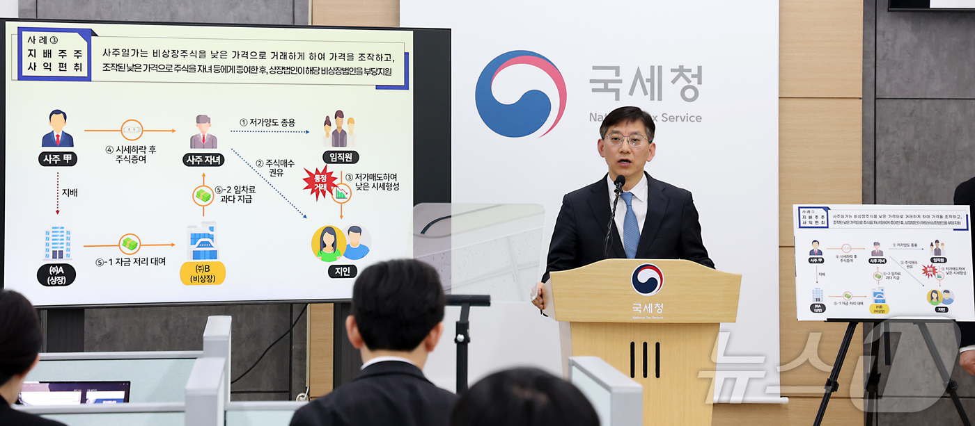 (세종=뉴스1) 김기남 기자 = 안덕수 국세청 조사국장이 5일 세종시 정부세종청사에서 주식시장 불공정 탈세자 세무조사 결과를 발표하고 있다.국세청은 2025년 7월부터 2026년 …