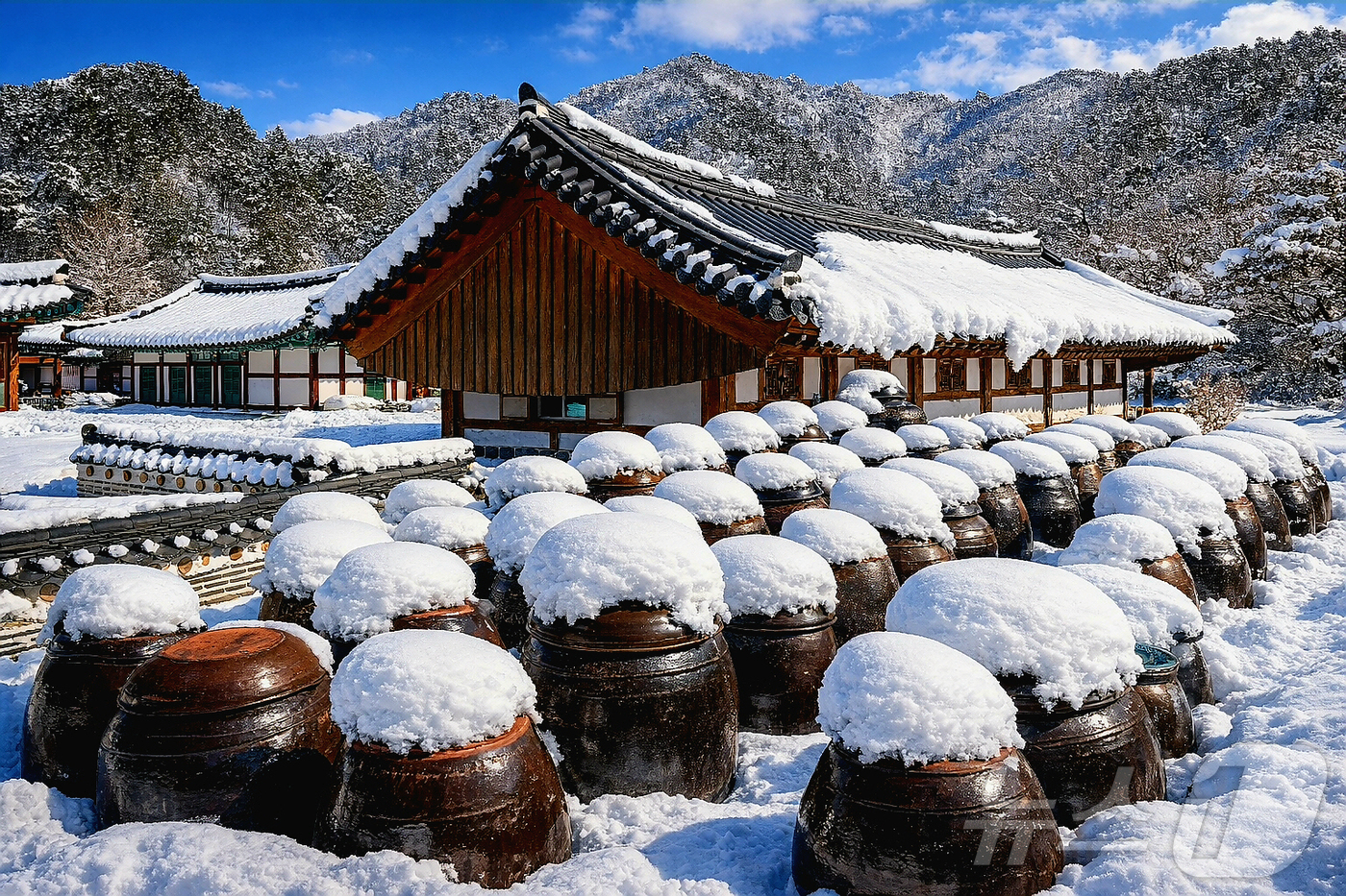 (인제=뉴스1) 이종재 기자 = 절기상 개구리가 겨울잠에서 깨어난다는 경칩(驚蟄)인 5일 강원 인제군 북면 백담사 일대에 있는 장독대가 최근 내린 눈으로 뒤덮여 있다.(인제군 제공 …