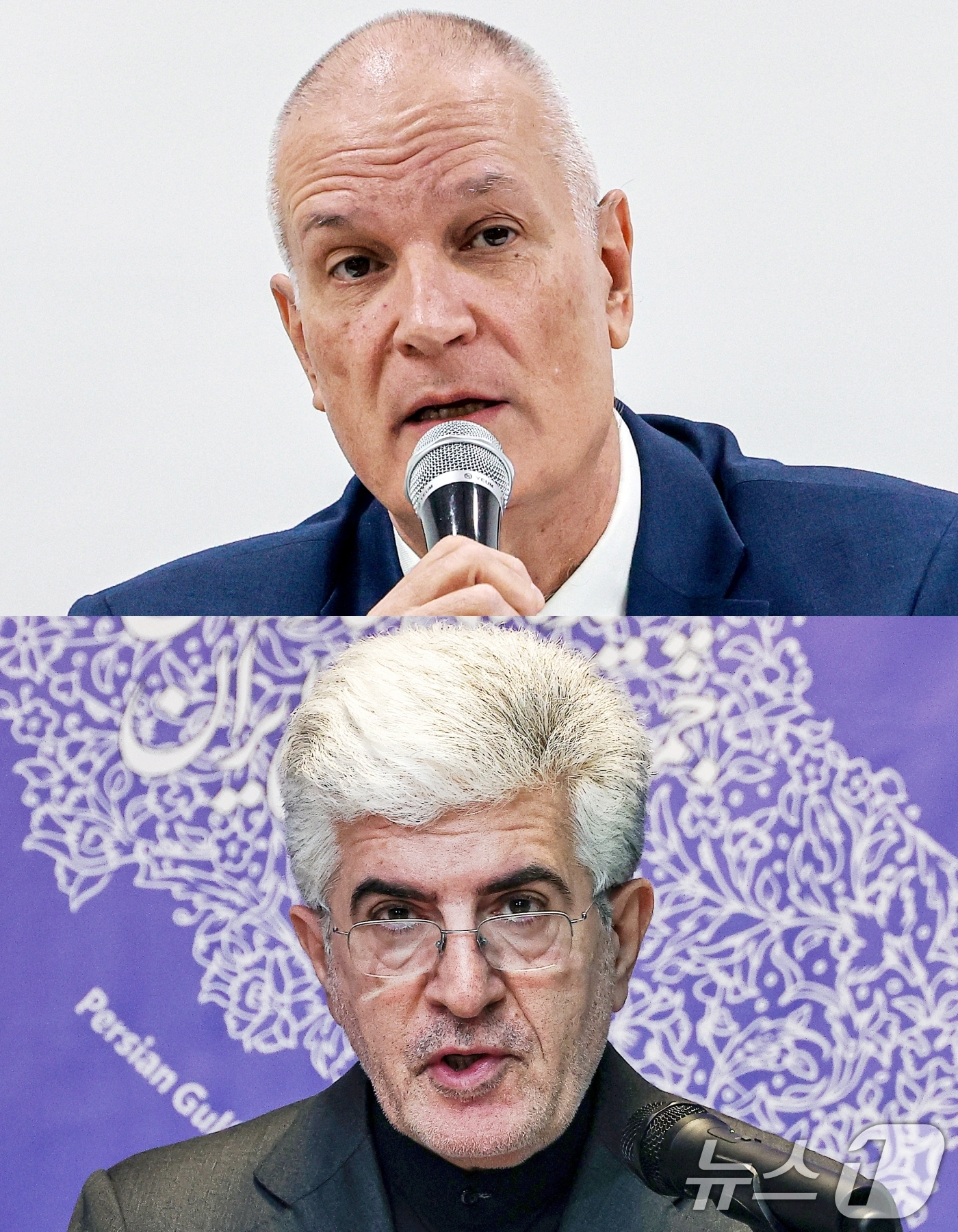 (서울=뉴스1) 최지환 기자  이호윤 = 라파엘 하르파즈 이스라엘대사(위)가 5일 서울 종로구 HJ비즈니스센터에서 중동상황 관련 정부의 입장을 밝히기 위해 기자회견을 갖고 있다. …